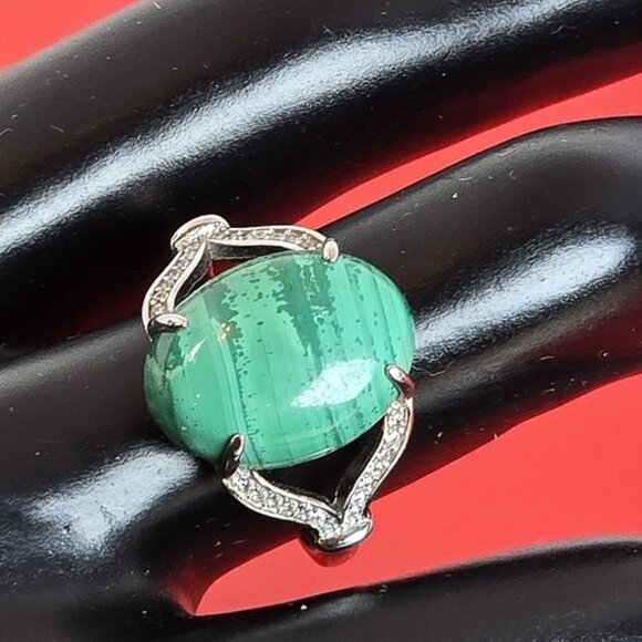 925 Sterling Silver Ring Sz 8.5 with Natural Malachite & CZ - Picture 10 of 13